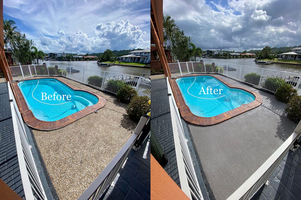 This image is a comparison of a before and after resurfacing job. It displays a pebblecrete area transformed with a resurfacing compound. It is a pool area near a river.
