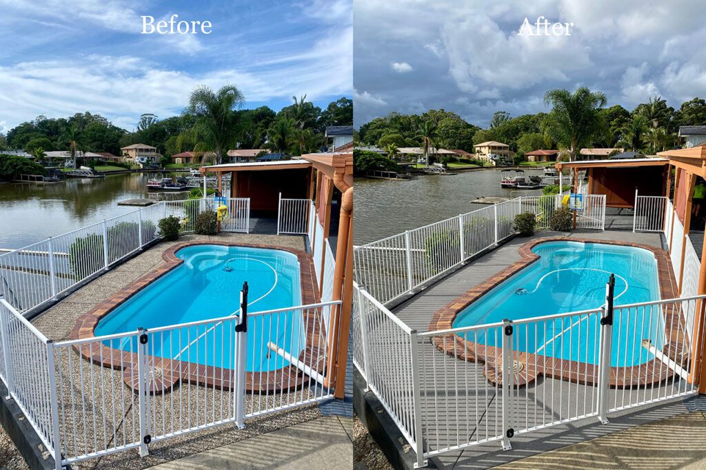 This image is a comparison of a before and after resurfacing job. It displays a pebblecrete area transformed with a resurfacing compound. It is a pool area near a river.