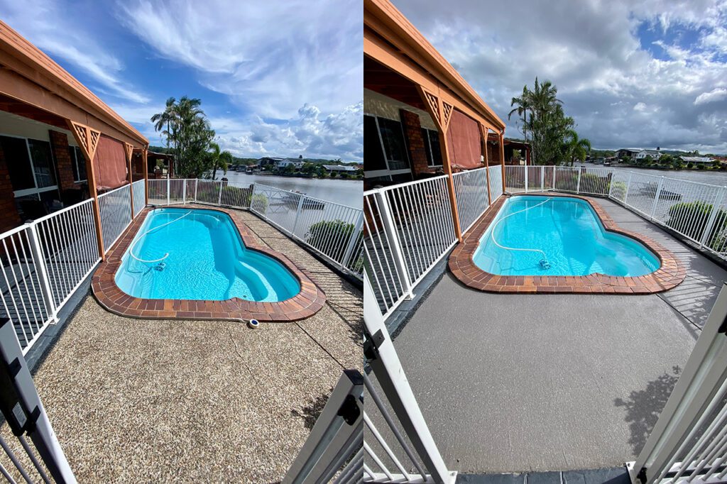 This image is a comparison of a before and after resurfacing job. It displays a pebblecrete area transformed with a resurfacing compound. It is a pool area near a river.